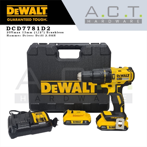 Picture of DEWALT  20V BRUSHES LI-ON CORDLESS HAMMER DRILL 2 2.0AH BATTERIES-DEDCD7781D2